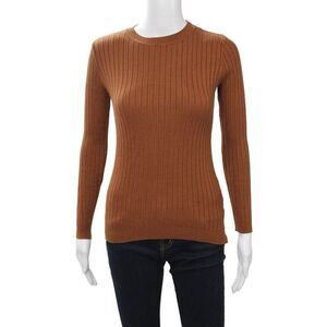 Beige Women Brown Striped Crew Neck Pullover Sweater Viscose Blend Size S